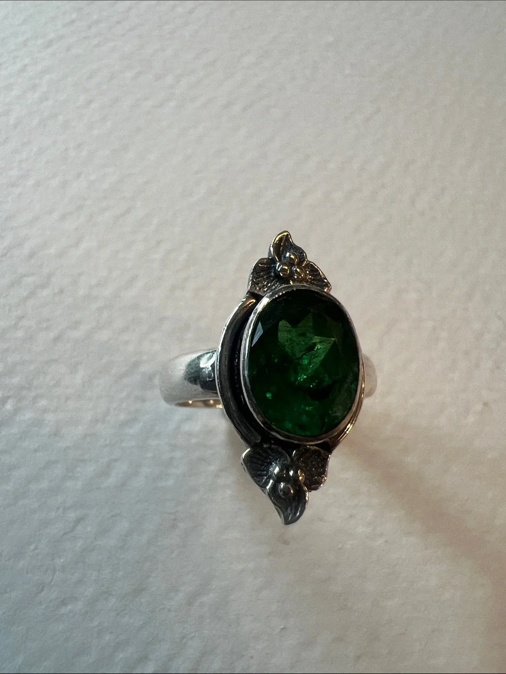 Sterling Silver Green Oval Gemstone Floral Ring